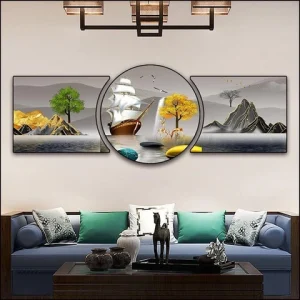 Tranh Hiện Đại Hươu Vàng Và Cây Tài Lộc Tráng Gương Pha Lê